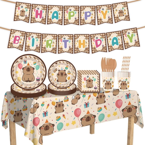 Cuddly Capybara Birthday Party Tableware & Decor Kit - Serves 10, Includes 7/9 Inch Plates, Cups, Napkins, Cutlery, Happy Birthday Banner & Tablecloth, Ideal for Kids Birthdays & Fun Celebrations