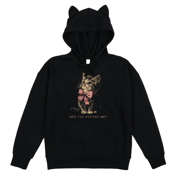 Cuddly Kitten With Bow Women's Black Long Sleeve Hooded Sweatshirt With 3D Ears-XXL
