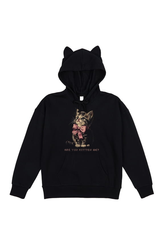 Cuddly Kitten With Bow Women's Black Long Sleeve Hooded Sweatshirt With 3D Ears-XXL