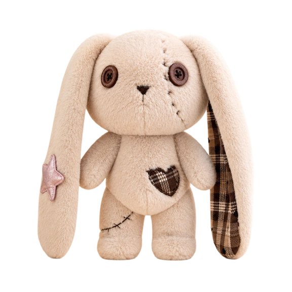 Cuddly Patch Rabbit Plush Toy Beige Plaid Ear Stuffed Animal Huggable Companion for Nap and Play(Beige-22cm)