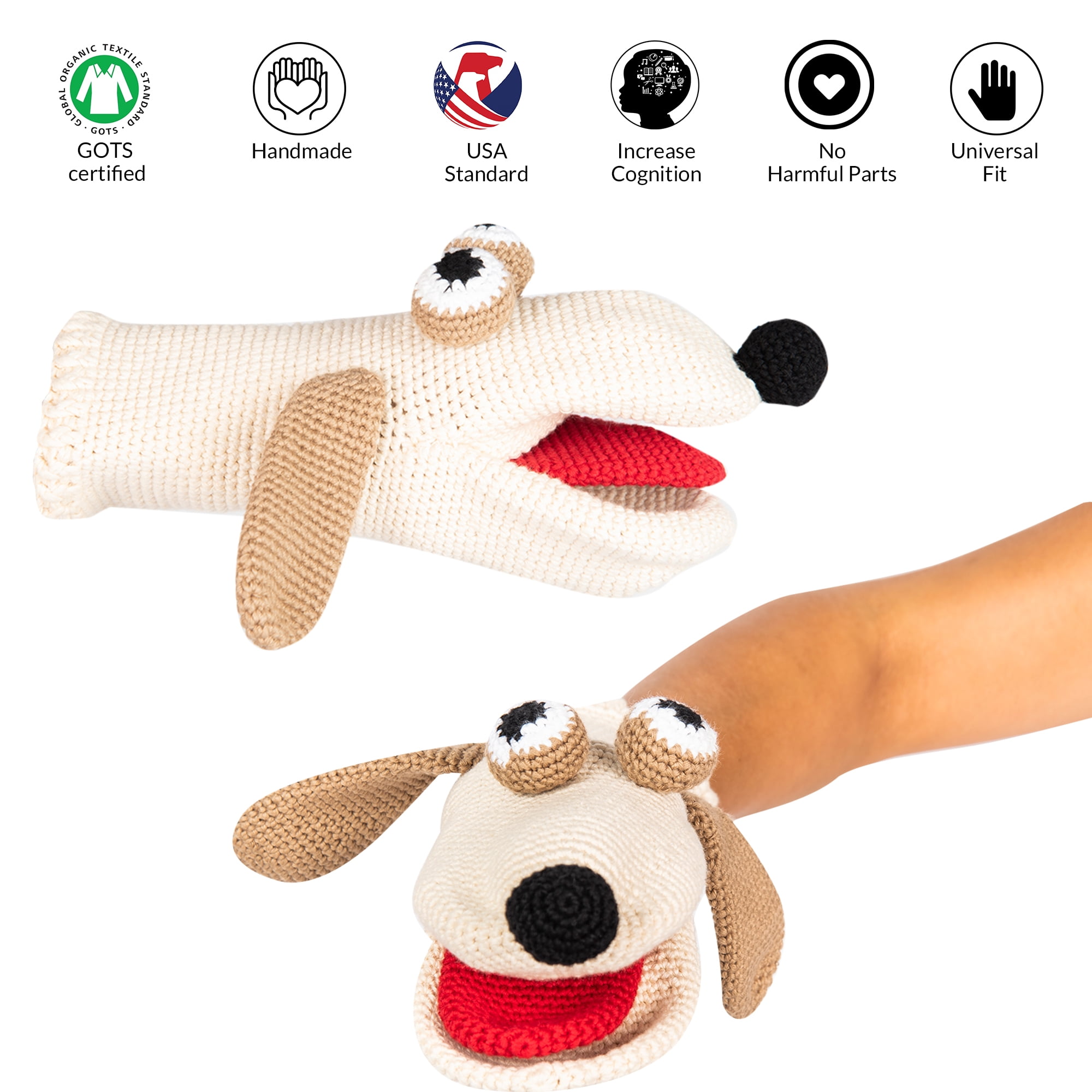 Cuddoll Dog Animal Hand Puppet Stuff Amigurumi 100% Gots Certified Organic Cotton Yarn Crochet Knitted Educational Montessori Role-Play Toys USA Handmade Birthday, Easter Day Gift for Kid's
