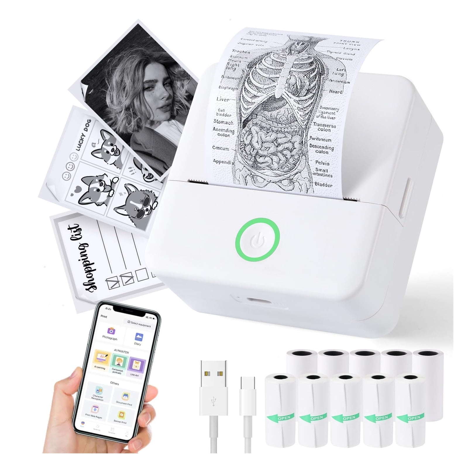 Print Pods Mini Printer, Thermal Inkless Sticker Maker with 10 Rolls Printing Paper, Pocket Printpod for Phone, Impresora Portátil for Notes, DIY, Compatible with iOS & Android (Grey)