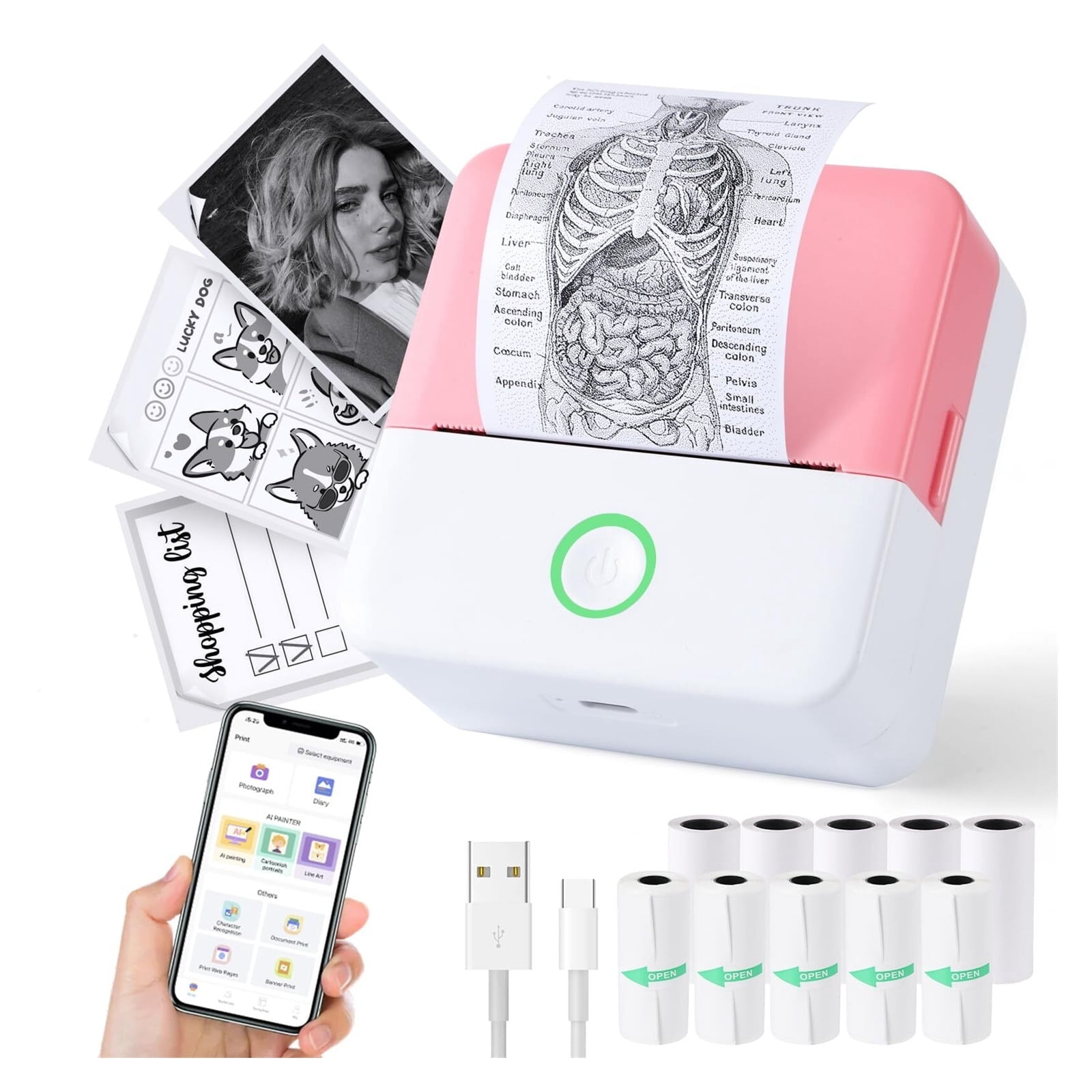 Print Pods Mini Printer, Thermal Inkless Sticker Maker with 10 Rolls Printing Paper, Pocket Printpod for Phone, Impresora Portátil for Notes, DIY, Compatible with iOS & Android (Grey)