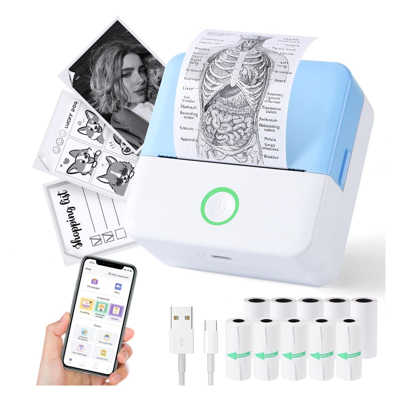 Print Pods Mini Printer, Thermal Inkless Sticker Maker with 10 Rolls Printing Paper, Pocket Printpod for Phone, Impresora Portátil for Notes, DIY, Compatible with iOS & Android (Grey)