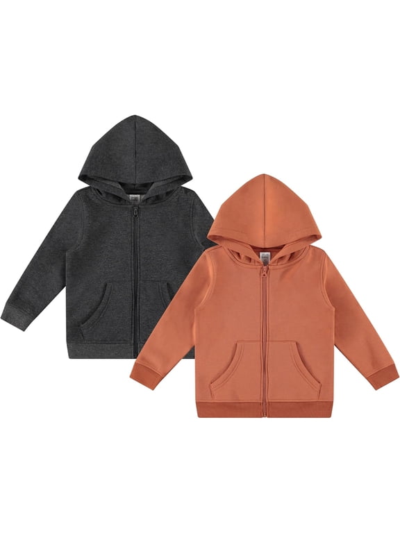 2-Pack Toddler Zip-Up Hoodies for Boys and Girls – Colorful Cotton Blend Sweatshirts with Pockets – Durable Machine Washable Kids Jacket - Raw Sienna, Charcoal Heather Grey - Size 12 Months