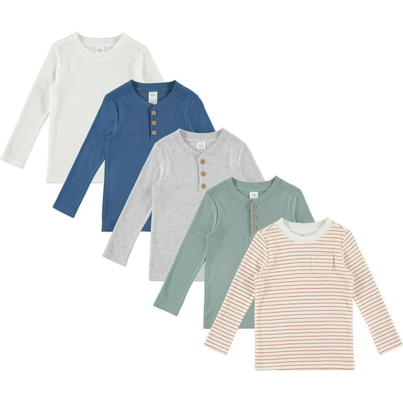 Cudlie 5-Pack Baby/Toddler Boy Long Sleeve Shirt - Basic Tshirt Tops, Light Undershirt - Solid & Striped Tees for Boys