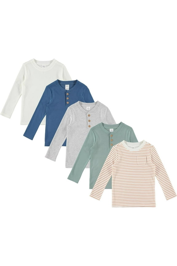5-Pack Baby/Toddler Boy Long Sleeve Shirt - Basic Tshirt Tops, Light Undershirt - Solid & Striped Tees for Boys