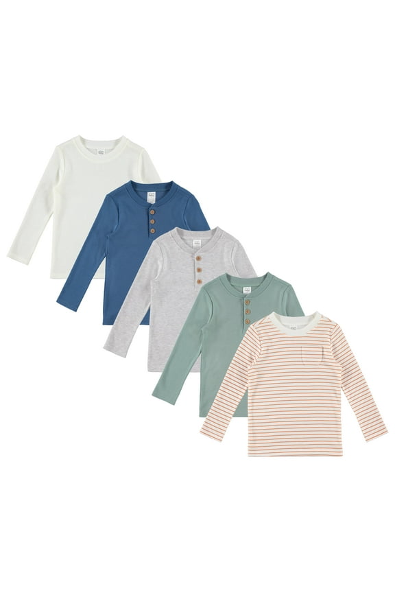 5-Pack Baby/Toddler Boy Long Sleeve Shirt - Basic Tshirt Tops, Light Undershirt - Solid & Striped Tees for Boys