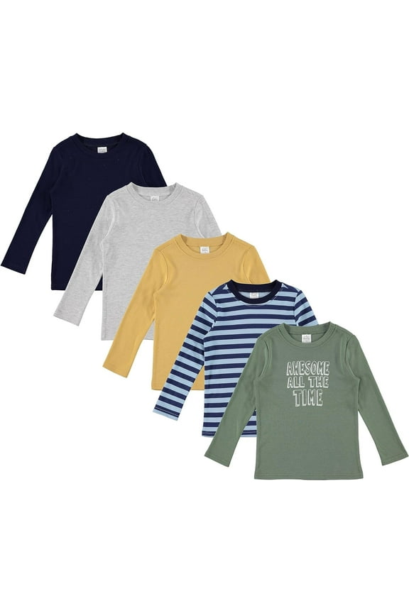 5-Pack Baby/Toddler Boy Long Sleeve Shirt - Basic Tshirt Tops, Light Undershirt - Solid & Striped Tees for Boys