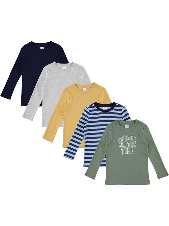 5-Pack Baby/Toddler Boy Long Sleeve Shirt - Basic Tshirt Tops, Light Undershirt - Solid & Striped Tees for Boys