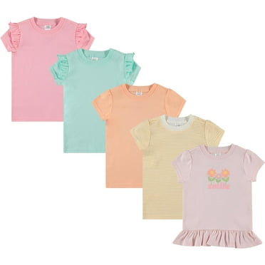 Cudlie 5-Pack Toddler/Baby Girl Short Sleeve Tops - Shirt Tops for Lightweight Comfort and Style. Multipack Infants' and Children's Essentials.