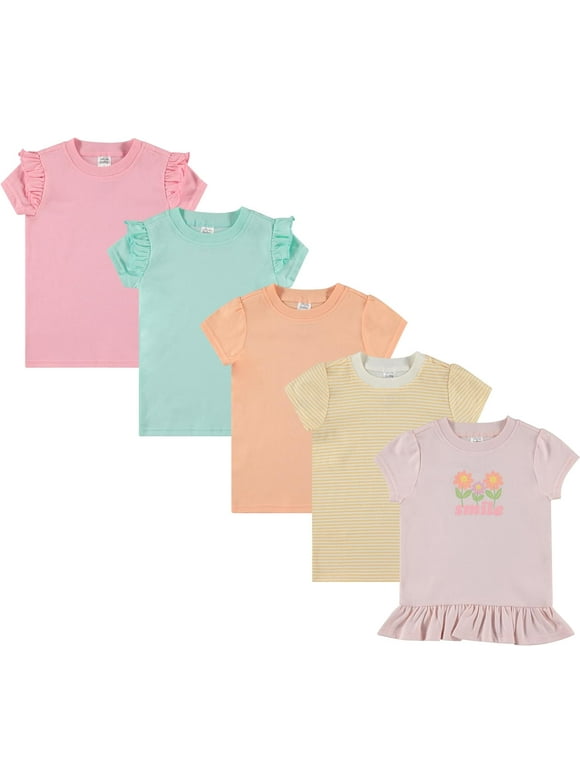 Cudlie 5-Pack Toddler/Baby Girl Short Sleeve Tops - Shirt Tops for Lightweight Comfort and Style. Multipack Infants' and Children's Essentials.