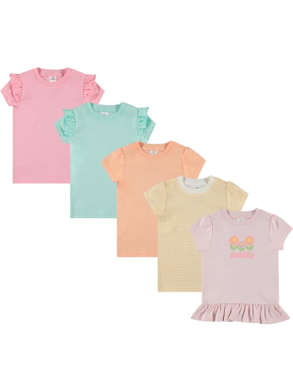 5-Pack Toddler/Baby Girl Short Sleeve Tops - Shirt Tops for Lightweight Comfort and Style. Multipack Infants' and Children's Essentials.