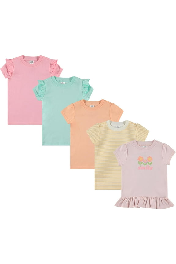 5-Pack Toddler/Baby Girl Short Sleeve Tops - Shirt Tops for Lightweight Comfort and Style. Multipack Infants' and Children's Essentials.