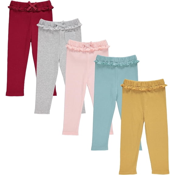 Cudlie 5-Pack Toddler Girls' Jogger Pants, Active Fashion Sweatpants -Soft Cotton Blend, Ruffle Waist, Sizes 3M–4T