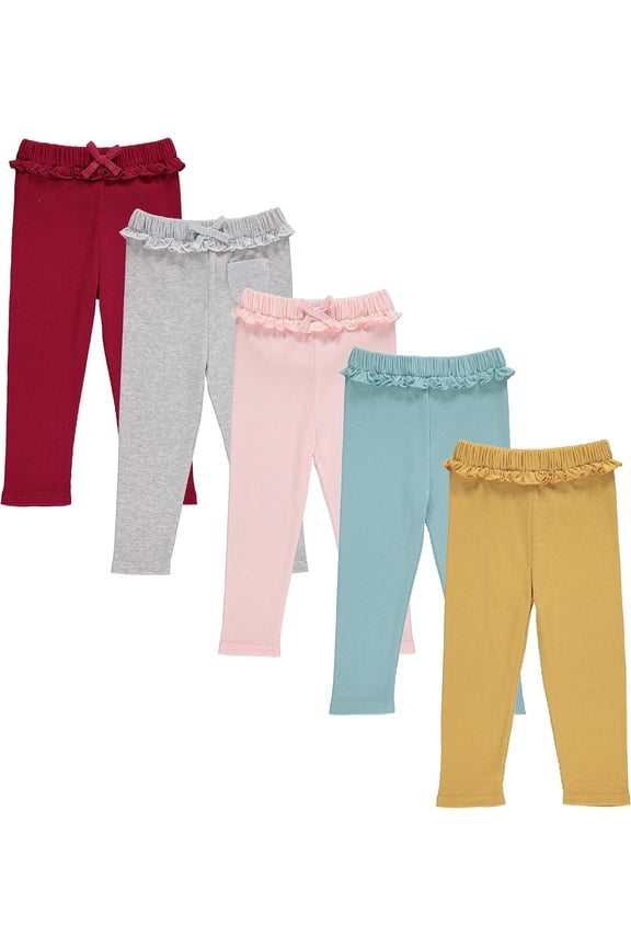 5-Pack Toddler Girls' Jogger Pants, Active Fashion Sweatpants -Soft Cotton Blend, Ruffle Waist, Sizes 3M–4T