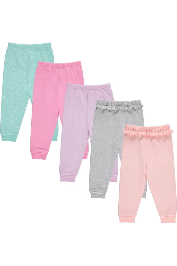 5-Pack Toddler Girls' Jogger Pants, Active Fashion Sweatpants -Soft Cotton Blend, Ruffle Waist, Sizes 3M–4T