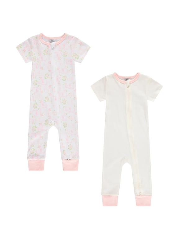 Baby 2-Pack Footless One-Piece Outfit – Short Sleeve Double Zipper Baby Bodysuit, Soft Cotton Blend Infant Clothes,Baby Elephant Blush, Warm Ivory, 3-6 Months