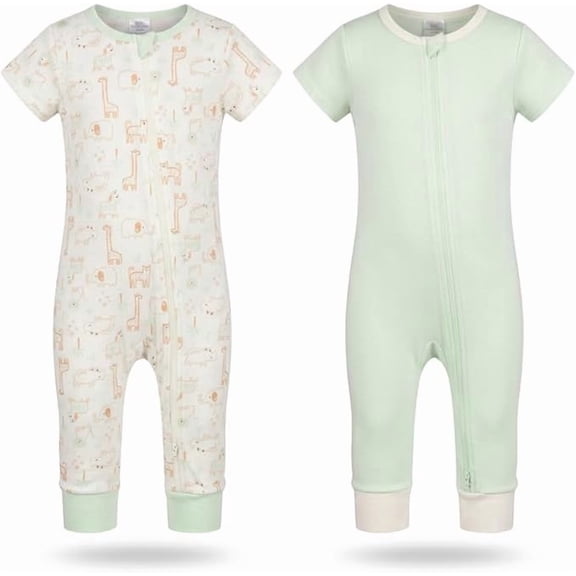 Cudlie Baby 2-Pack Footless One-Piece Outfit – Short Sleeve Double Zipper Baby Bodysuit, Soft Cotton Blend Infant Clothes,Little Safari Crew, Calm Sage, 18 Months