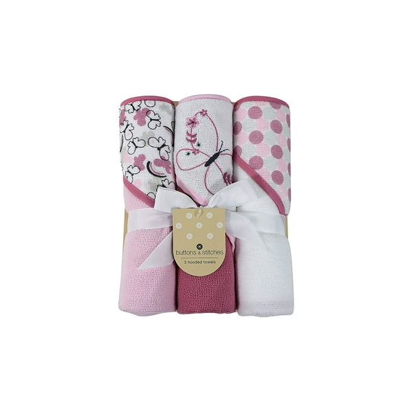 Cudlie Buttons & Stitches Baby Girl 3 Pack Rolled/Carded Hooded Towels in Butterfly Polka Print