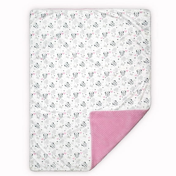 Cudlie Disney Baby Girl Minnie Mouse Double Sided Baby Blanket with Printed Mink Waffle Fleece Backing & with Pom Edge(30X40)