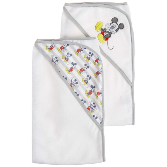 Cudlie Disney Mickey Mouse Baby Boys 2 Pack Rolled Hooded Towels On Header Card