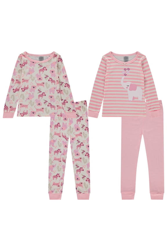Girls’ 4-Piece Pajama Set – Long Sleeve Cotton Blend Sleepwear, 2 Tops and 2 Pants, Fun Prints – Elephants and Animals– Size 2T