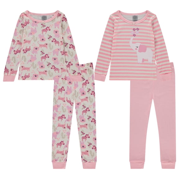 Cudlie Girls’ 4-Piece Pajama Set – Long Sleeve Cotton Blend Sleepwear, 2 Tops and 2 Pants, Fun Prints – Elephants and Animals– Size 5T