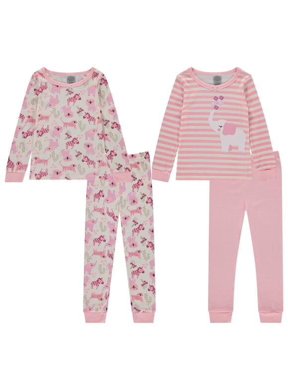 Girls’ 4-Piece Pajama Set – Long Sleeve Cotton Blend Sleepwear, 2 Tops and 2 Pants, Fun Prints – Elephants and Animals– Size 5T