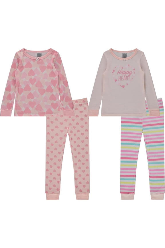 Girls’ 4-Piece Pajama Set – Long Sleeve Cotton Blend Sleepwear, 2 Tops and 2 Pants, Fun Prints – Happy Hearts– Size 2T