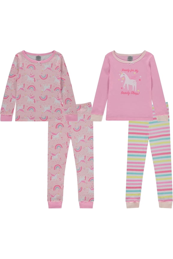 Girls’ 4-Piece Pajama Set – Long Sleeve Cotton Blend Sleepwear, 2 Tops and 2 Pants, Fun Prints – Rainbow Unicorn– Size 2T