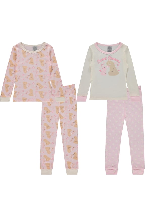 Girls’ 4-Piece Pajama Set – Long Sleeve Cotton Blend Sleepwear, 2 Tops and 2 Pants, Fun Prints – Sweet Dreams Bear– Size 18 Months
