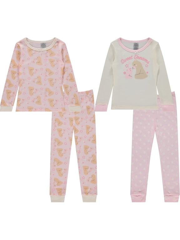 Girls’ 4-Piece Pajama Set – Long Sleeve Cotton Blend Sleepwear, 2 Tops and 2 Pants, Fun Prints – Sweet Dreams Bear– Size 2T