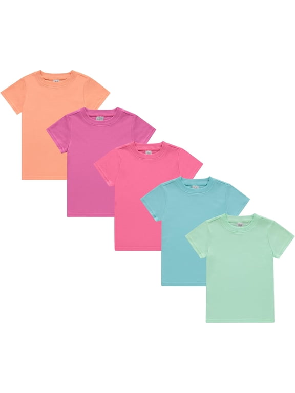 Girls’ 5-Pack Short Sleeve T-Shirts, Soft Cotton Tees in Solid Vibrant Colors, Sizes 12M–4T