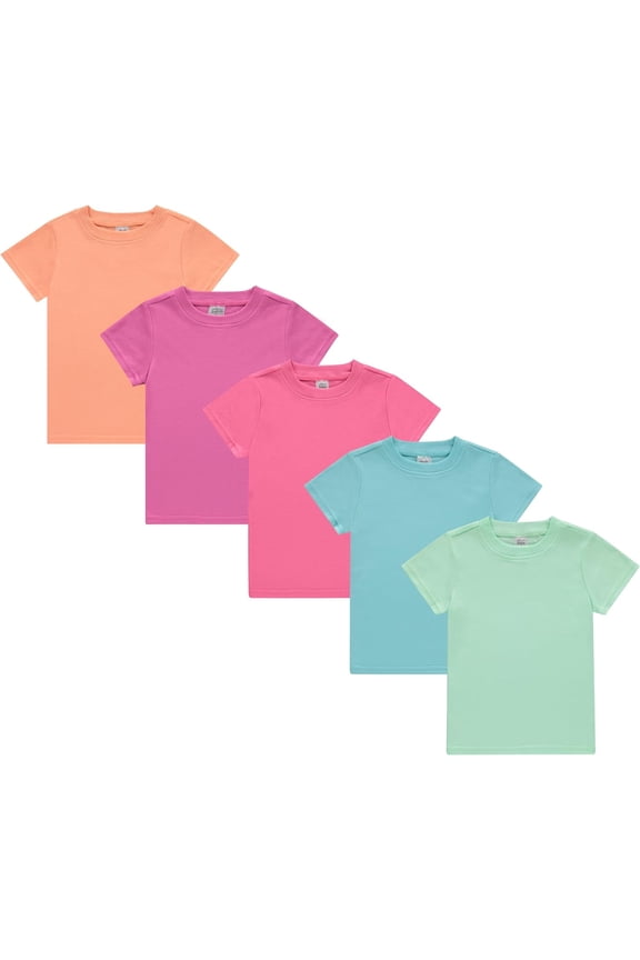 Girls’ 5-Pack Short Sleeve T-Shirts, Soft Cotton Tees in Solid Vibrant Colors, Sizes 12M–4T