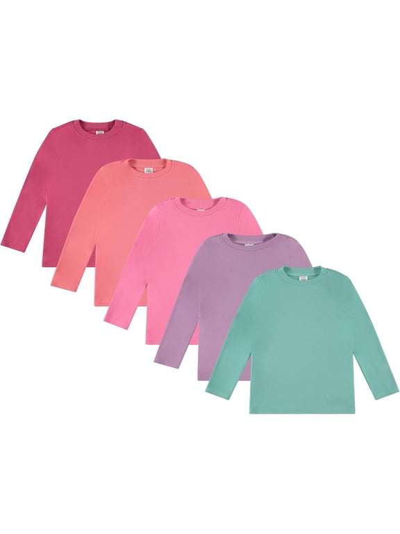 Toddler Girls’ 5-Pack Long Sleeve Tees, Cotton Blend Crewnecks in Stylish Modern Colors, Sizes 12M–4T