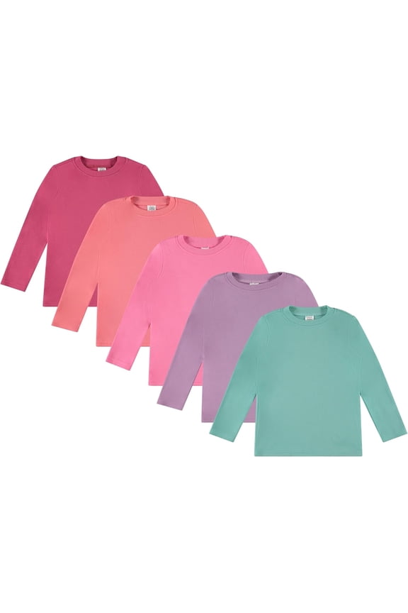 Toddler Girls’ 5-Pack Long Sleeve Tees, Cotton Blend Crewnecks in Stylish Modern Colors, Sizes 12M–4T