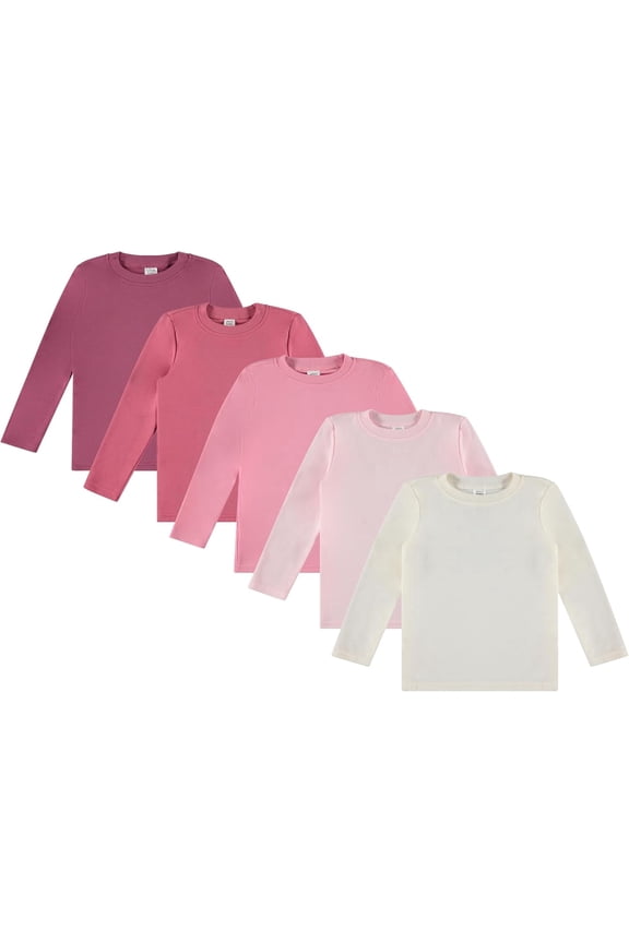 Toddler Girls’ 5-Pack Long Sleeve Tees, Cotton Blend Crewnecks in Stylish Modern Colors, Sizes 12M–4T