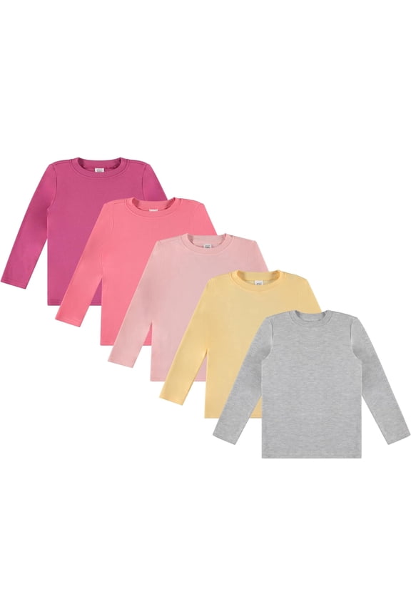 Toddler Girls’ 5-Pack Long Sleeve Tees, Cotton Blend Crewnecks in Stylish Modern Colors, Sizes 12M–4T