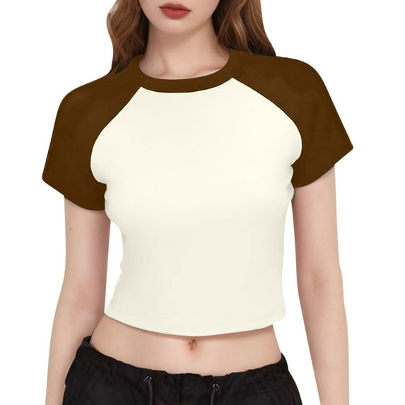 Cue Crop Tops for Women Teen Girls Raglan Sleeve Crew Neck Tees Colorblock Summer Casual Short Sleeve Tshirts (L, Beige)