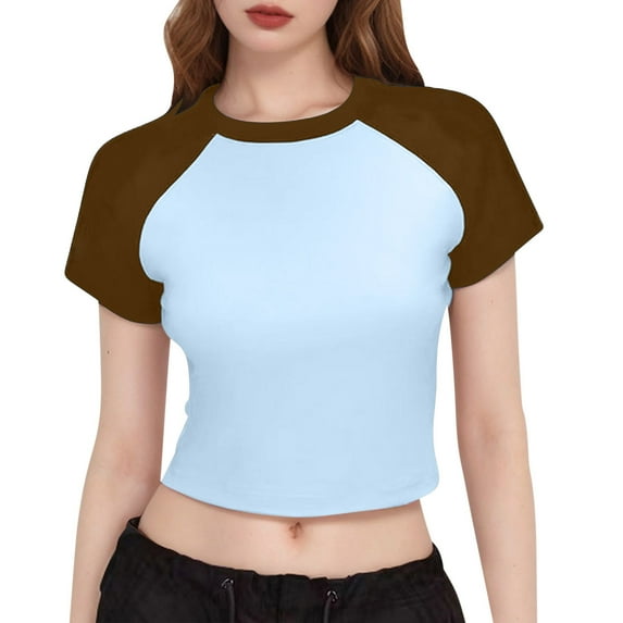 Cue Crop Tops for Women Teen Girls Raglan Sleeve Crew Neck Tees Colorblock Summer Casual Short Sleeve Tshirts (L, Brown)