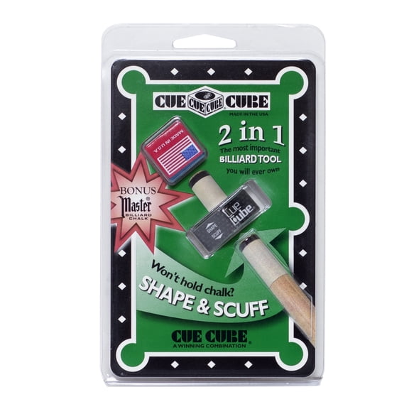 Cue Cube Billiard Pool Cue Tip Shaper & Scuffer Nickel Radius (.418), Silver, Includes Master Blue Billiard Chalk, 2-in-1 Cue Tip Maintenance Tool, Made in USA, Blister Pack