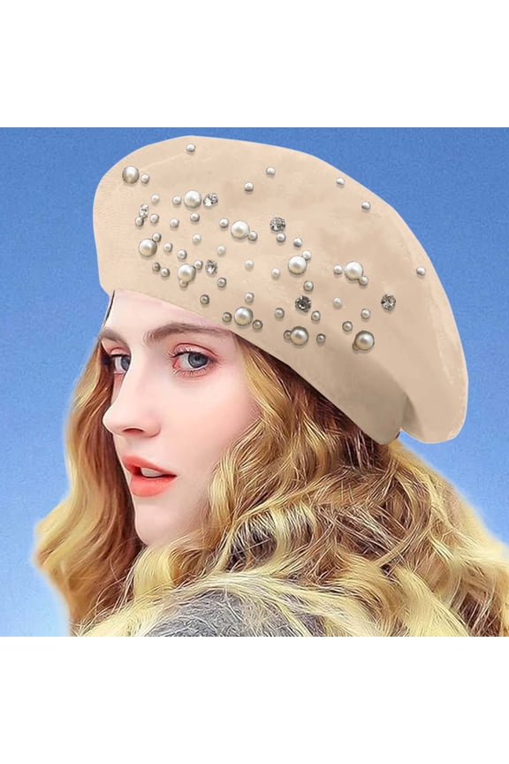 Berets for Women's Casual Caroset Pearl Beret New Women's Artist Hat Pumpkin Hat Warm Winter Beige Berets