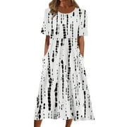 Cuekondy Black Dresses for Women 2024 Women Summer Casual Print Round Neck Short Sleeve Loose Dress Bohemian Summer Beach Dress With Pocket Womens Dresses Size XL