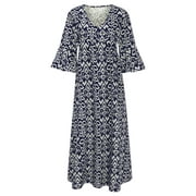 Cuekondy Blue Dresses for Women 2024 Ladies Dress Bohemian Casual Print V Neck High Waist Maxi Dress Womens Dresses Size M