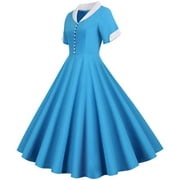 Cuekondy Blue Women's Casual Dress Women's 1950s Retro Dress Short Sleeve Vintage Swing Dress Womens Dresses Size M