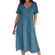 Cuekondy Blue Women's Casual Dress Womens Dress Summer Long Dresses With Pockets Womens Dresses Size XXL