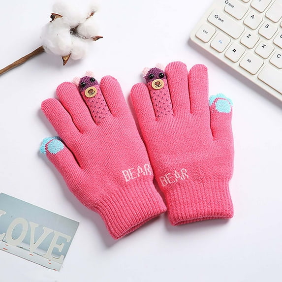 Cuekondy Gloves Mittens for Children Baby Boys Girls Winter Warm Skiing Gloves Kids Cartoon Bear Fleece Knitted Full Finger Mittens Gloves Pink Gloves Mittens