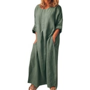 Cuekondy Gray Women's Casual Dress Women Casual Long Sleeve Solid O-Neck Summer Cotton Maxi Dress With Pockets Womens Dresses Size M