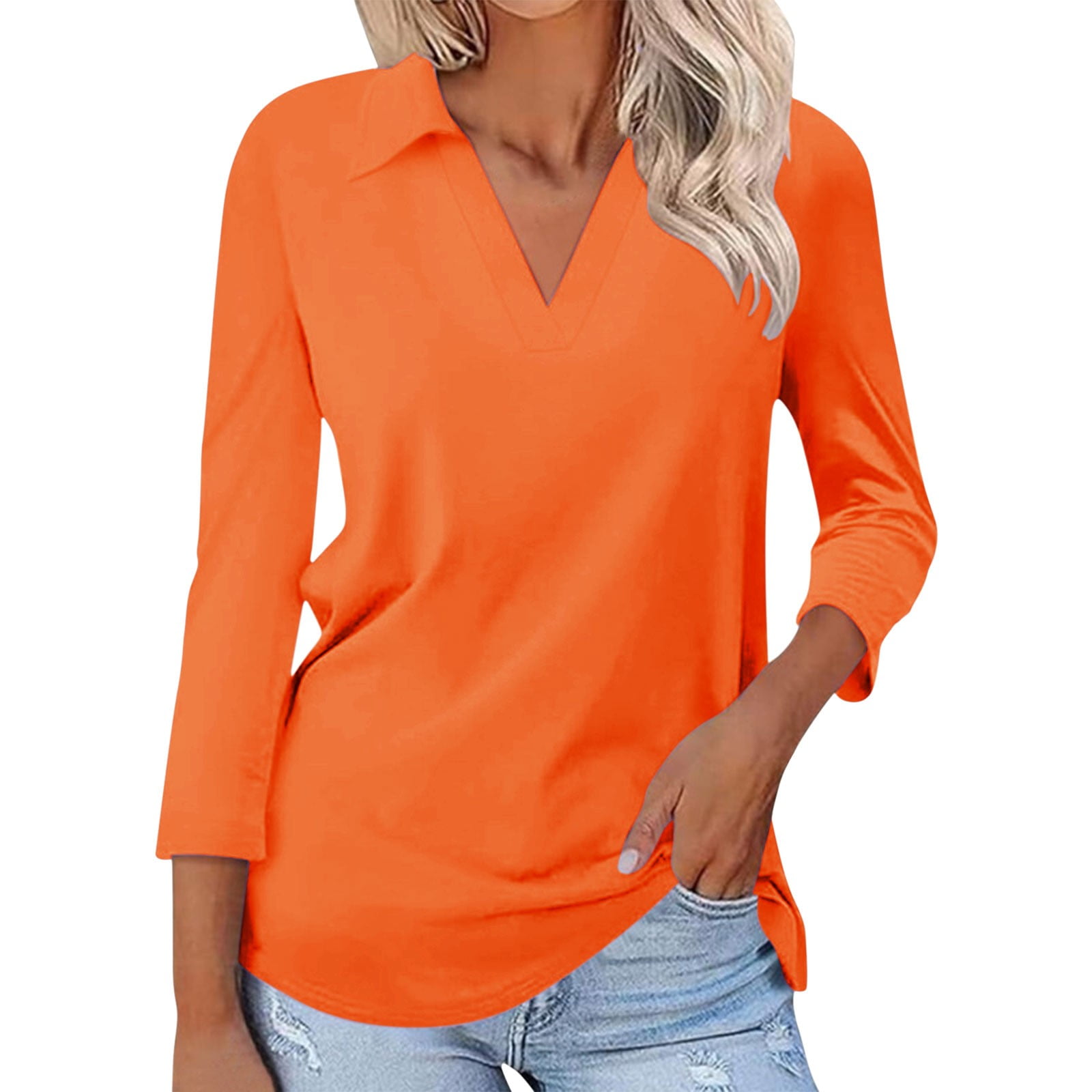 Cuekondy Orange Womens Blouses Women's 3/4 Sleeve T Shirts Summer
